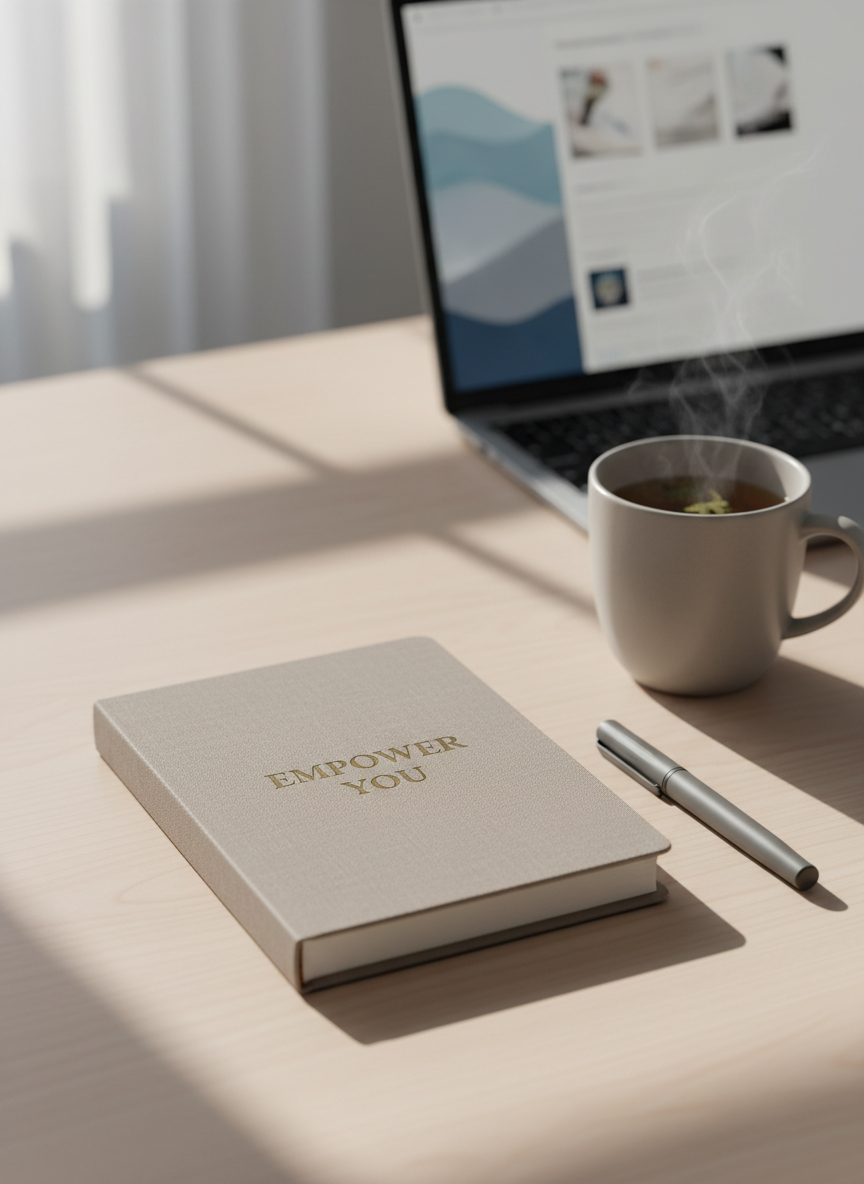 A structured, minimalist desk scene featuring a closed, linen-textured journal in soft taupe with the embossed title “Empower You” centered on the cover. The journal rests on a clean, pale wood desktop beside a neatly aligned graphite-gray pen and a neutral ceramic mug filled with herbal tea. In the background, a blurred laptop screen displays an abstract dashboard of calming blues and grays. Soft morning daylight falls from the left through an unseen window, creating gentle, linear shadows that emphasize clean lines and order. The composition uses the rule of thirds at eye level, with sharp focus on the journal and subtle bokeh behind. The photographic style is clean, modern, and corporate, evoking calm focus, reflection, and practical support for women’s mental health.