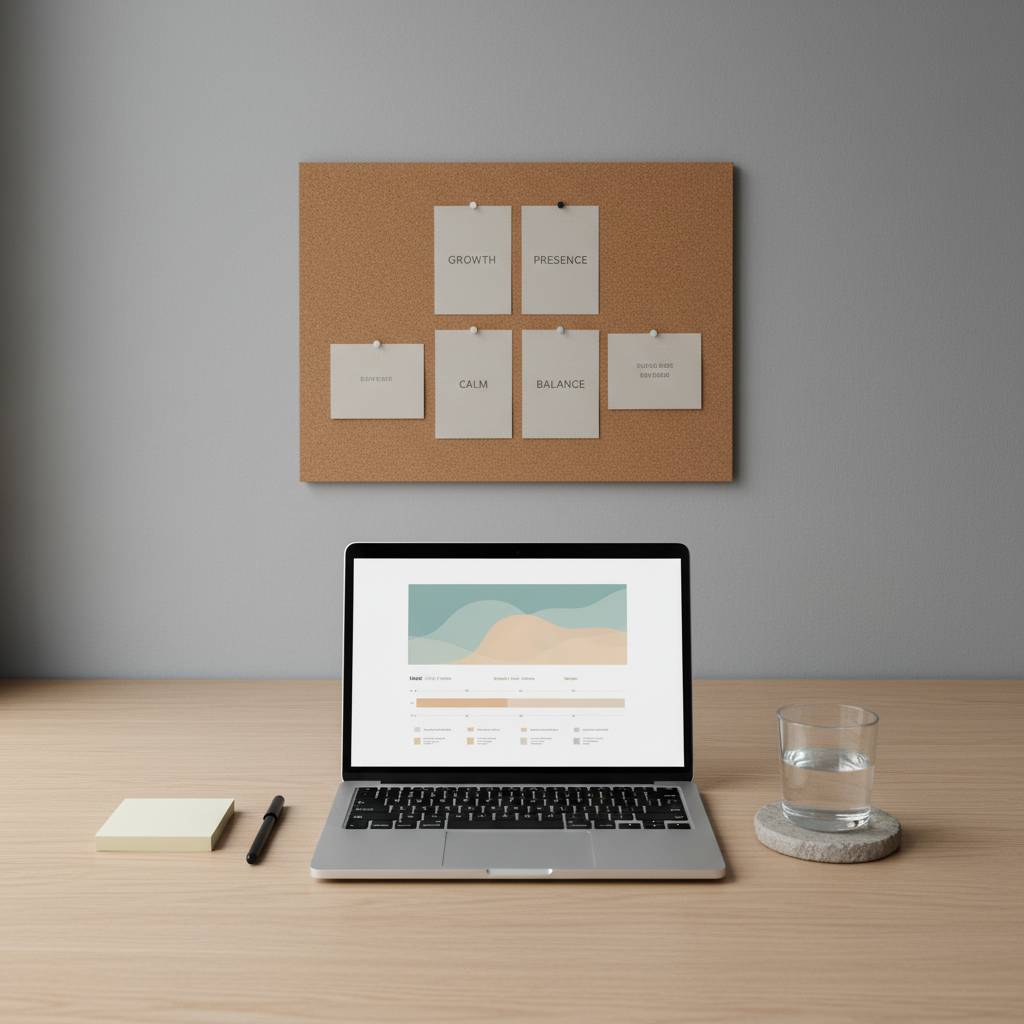 A carefully organized workspace featuring a sleek silver laptop displaying a muted teal and sand-colored mood-tracking chart, positioned centrally on a light oak desk. To the right, a clear glass tumbler of water sits on a round stone coaster, while to the left, a small stack of neutral-toned sticky notes and a fine-point black pen are aligned with precision. Behind, a soft gray wall hosts a pinboard with neatly arranged, text-only affirmation cards in understated fonts. Diffused overcast daylight from an unseen window washes the scene in gentle, even light, minimizing harsh contrast. Shot from a slightly elevated angle with a balanced composition and crisp focus throughout, the photographic realism and corporate aesthetic convey clarity, structure, and accessible mental health tools.