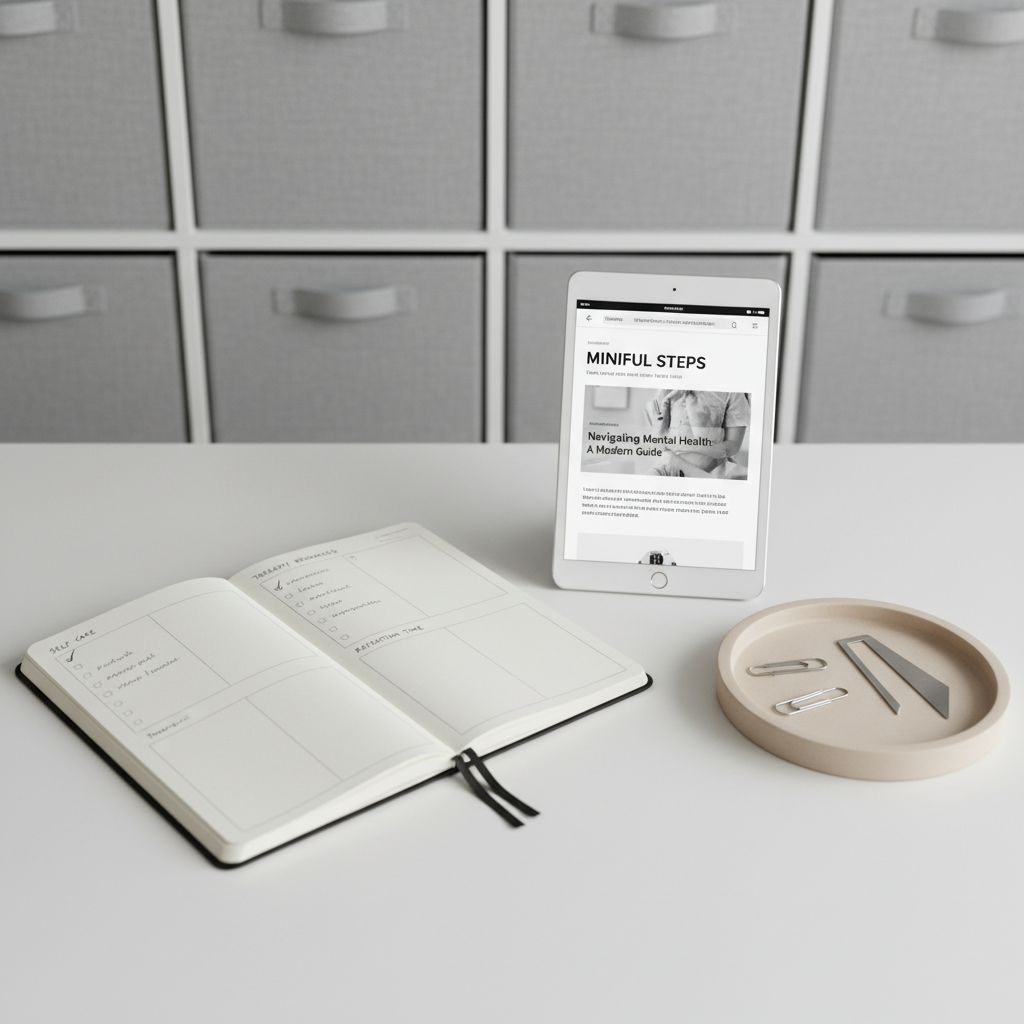 An open planner with ivory pages lies on a smooth, matte white desk, its weekly spread filled with tidy, gray-ink checklists labeled “self-care”, “therapy resources”, and “reflection time.” Beside it, a slim silver tablet displays a monochrome article layout, suggesting a professional mental health blog. A sand-colored ceramic tray holds three neatly arranged paper clips and a minimalist metal bookmark. The background shows a blurred shelf with uniformly spaced neutral storage boxes. Soft studio lighting from above creates subtle, controlled shadows and highlights the planner’s clean lines. Captured at an eye-level angle with a slight diagonal orientation of the planner, the composition is structured and uncluttered. The photographic, modern style reinforces a calm, methodical approach to building healthy habits and accessing reliable support.